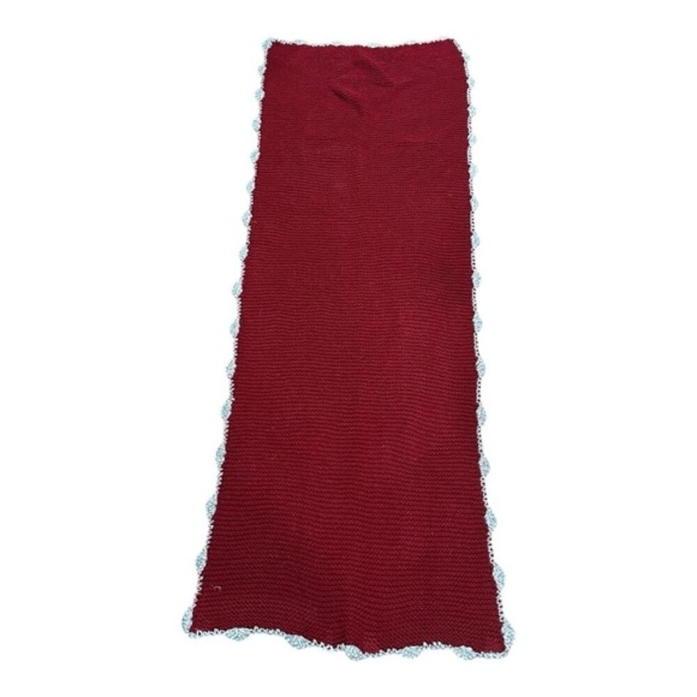 Crochet Scarf Womens OS Red With Gray Trim Handmade 21x54 Outdoor Shawl - Picture 3 of 6